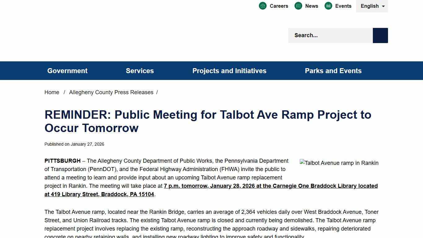 REMINDER: Public Meeting for Talbot Ave Ramp Project to Occur Tomorrow - Allegheny County, PA